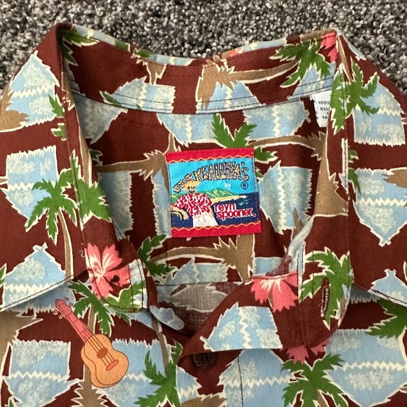 Vtg Reyn Spooner Hawaiian Shirt Mens Large Brown Palm Tree Hut Guitar Hibiscus - Picture 3 of 14